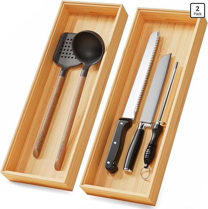 Long Bamboo Kitchen Drawer Organizer Boxes 17" x 6" Wood Pantry Organizers | Amazon (US)