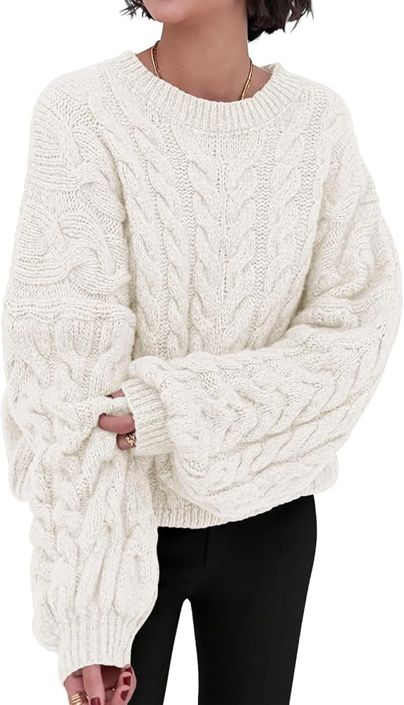PRETTYGARDEN Womens Sweaters Spring 2026 Cable Knit Long Sleeve Crewneck Oversized Sweater Chunky... | Amazon (US)