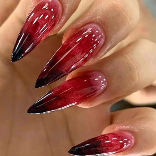 24Pcs Gothic Press on Nails Long Stiletto Fake Nails with Scary Bloody Designs Red Gradient French Tip Press Ons Halloween False Nails Glossy Full Cover Stick on Nails for Women Acrylic Manicure DIY | Amazon (US)