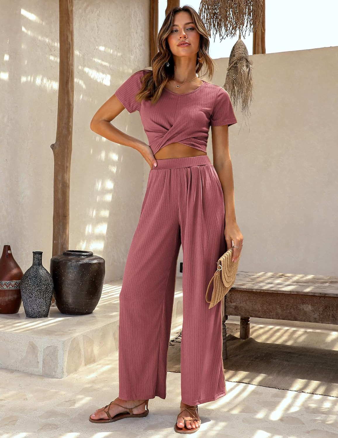 Ekouaer Womens Pajama Sets 2 Piece Lounge Set Short Sleeve Outfit Sets Ribbed Knot Crop Top Wide ... | Amazon (US)