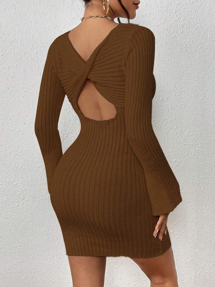 SHEIN Unity Women's Solid Color Bodycon Sweater Dress With Back Hollow Out Twisted Knot Detail | SHEIN