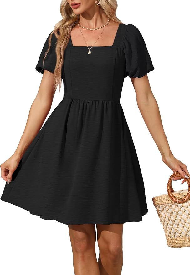 OFEEFAN Women Puff Sleeve Square Neck Tie in Back Dresses with Zipper | Amazon (US)