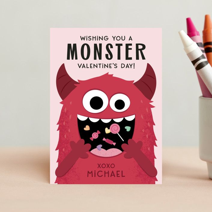 "Candy Monster" - Customizable Classroom Valentine's Cards in Red by Kacey Kendrick Wagner. | Minted