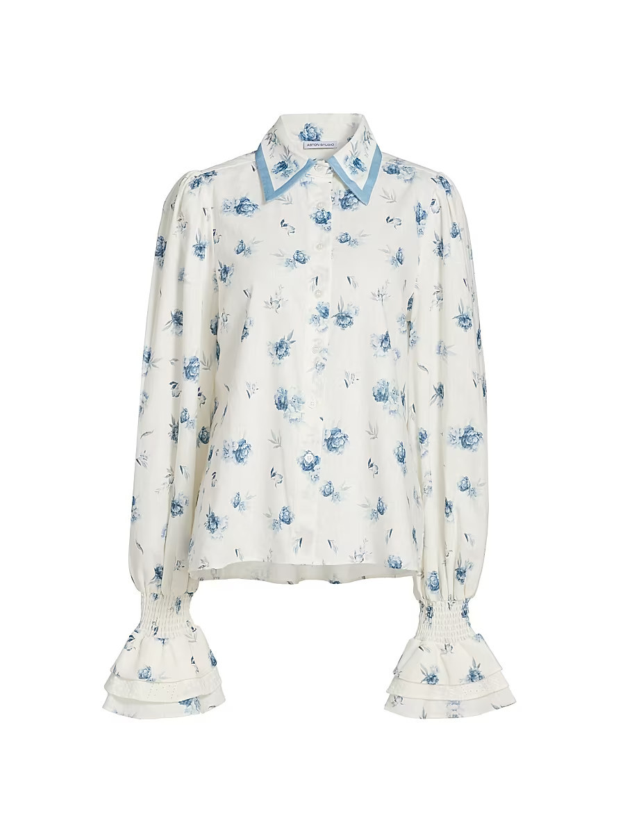 Women's Le Champ Lucinda Floral Linen-Cotton Blouse - Cerulean Peony - Size 10 | Saks Fifth Avenue