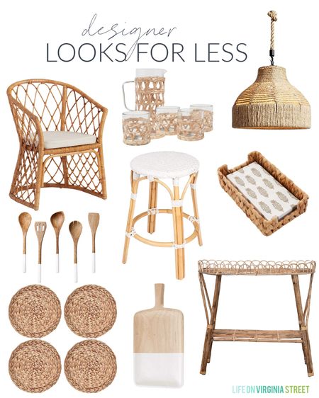 Designer looks for less include a rattan dining chair, a napkin set with seagrass basket, a rattan pendant light, natural wrapped tumbler glasses, a wood serving board, woven placemats, a wooden utensil set, a woven rattan counter stool and a rattan plant stand.  

look for less home, designer inspired, beach house look, amazon haul, amazon must haves, area rug amazon, home decor, Amazon finds, Amazon home decor, simple decor, targetfanatic, targetdoesitagain, target home, target style, target finds, world market chairs, cost plus, world market home, neutral design, island bar stool, kitchen accessories, kitchen island lights, island pendents, kitchen decor, simple decor, coastal decorating, coastal design, coastal inspiration #ltkfamily #ltkfind 

#LTKSeasonal #LTKstyletip #LTKunder50 #LTKunder100 #LTKhome #LTKsalealert #LTKunder100 #LTKhome #LTKunder50