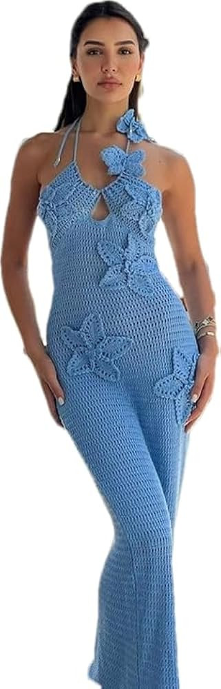 RanRui Women's Halter 3D Flower Knitted Hollow Out Beach Dress balckless Open Back Swimsuit Cover... | Amazon (US)