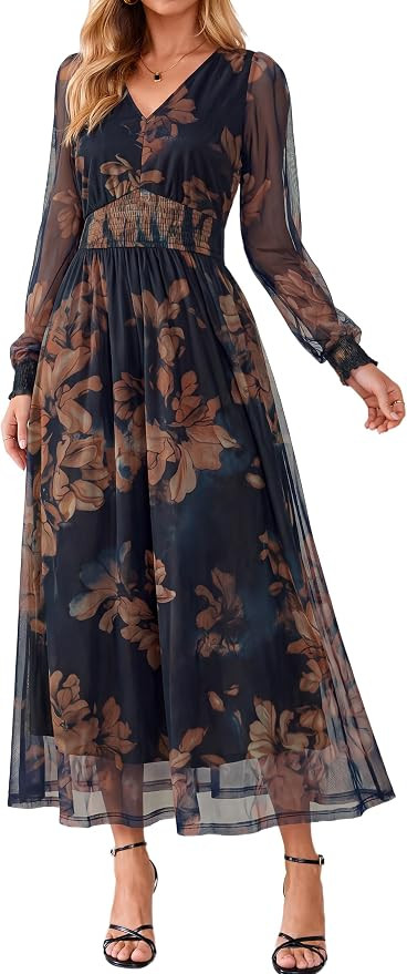 BerryGo Womens Tulle Floral Long Sleeve Maxi Fall Wedding Guest Dresses | Amazon (US)
