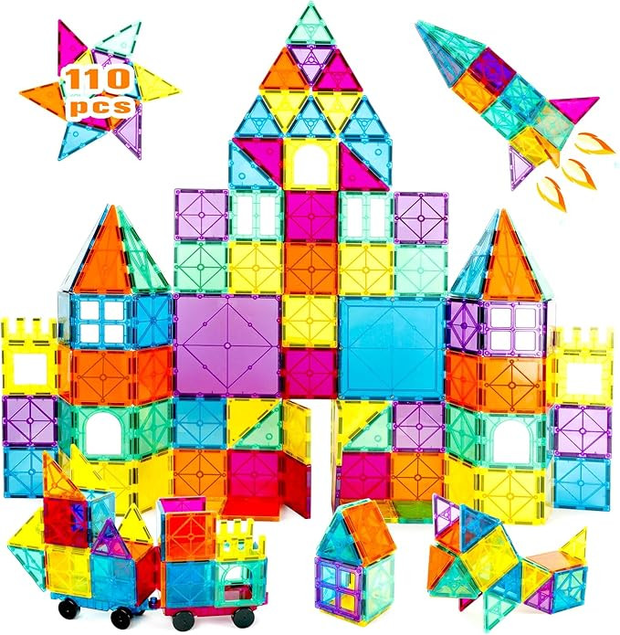 110PCS Magnetic Tiles with 2 Cars, STEM 3D Building Blocks for Kids Ages 3-8, Montessori Magnet C... | Amazon (US)