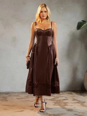 Shapewear Faux Leather Lace Panel Corset A-Line Midi Dress | Popilush