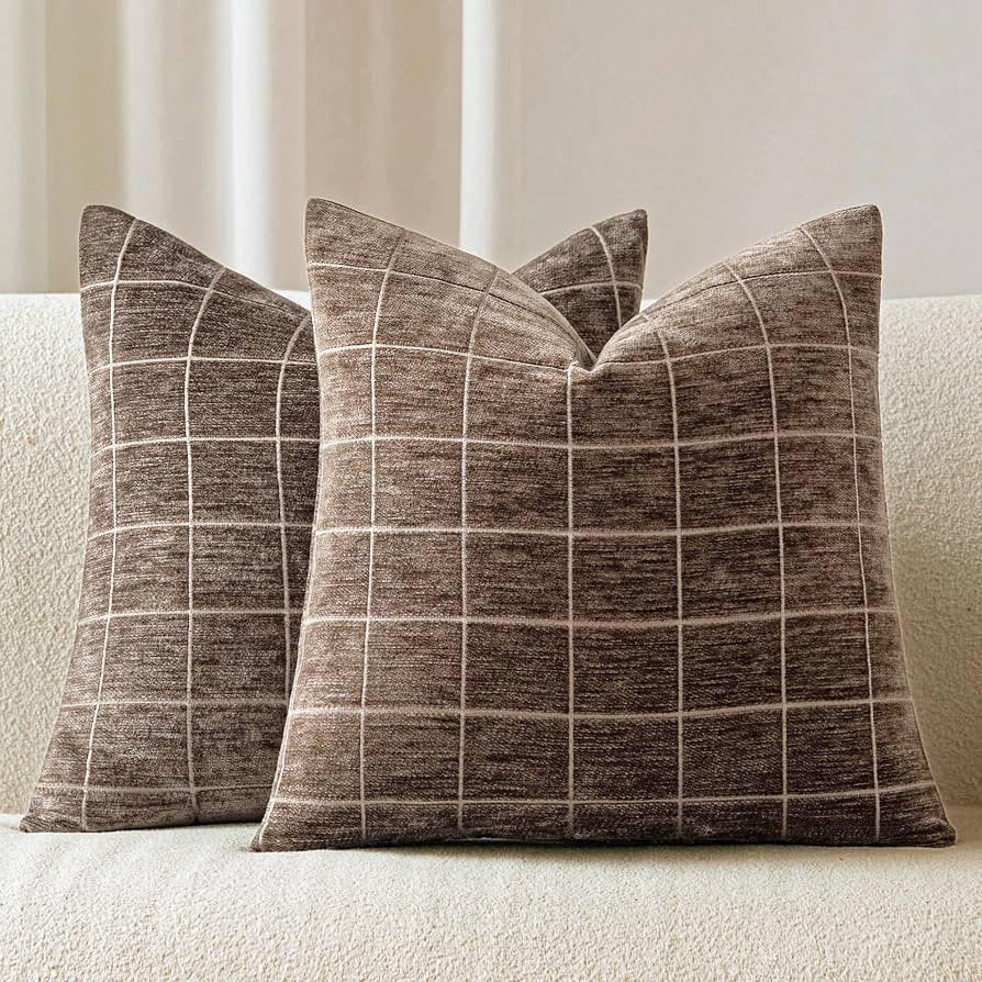 Decorative Chenille Plaid Throw Pillow Covers Taupe Grey 24x24 Set of 2 | Amazon (US)