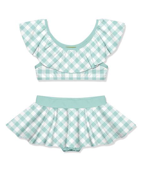 Mint & White Gingham Ruffle-Neck Skirted Bikini - Infant, Toddler & Girls | Zulily