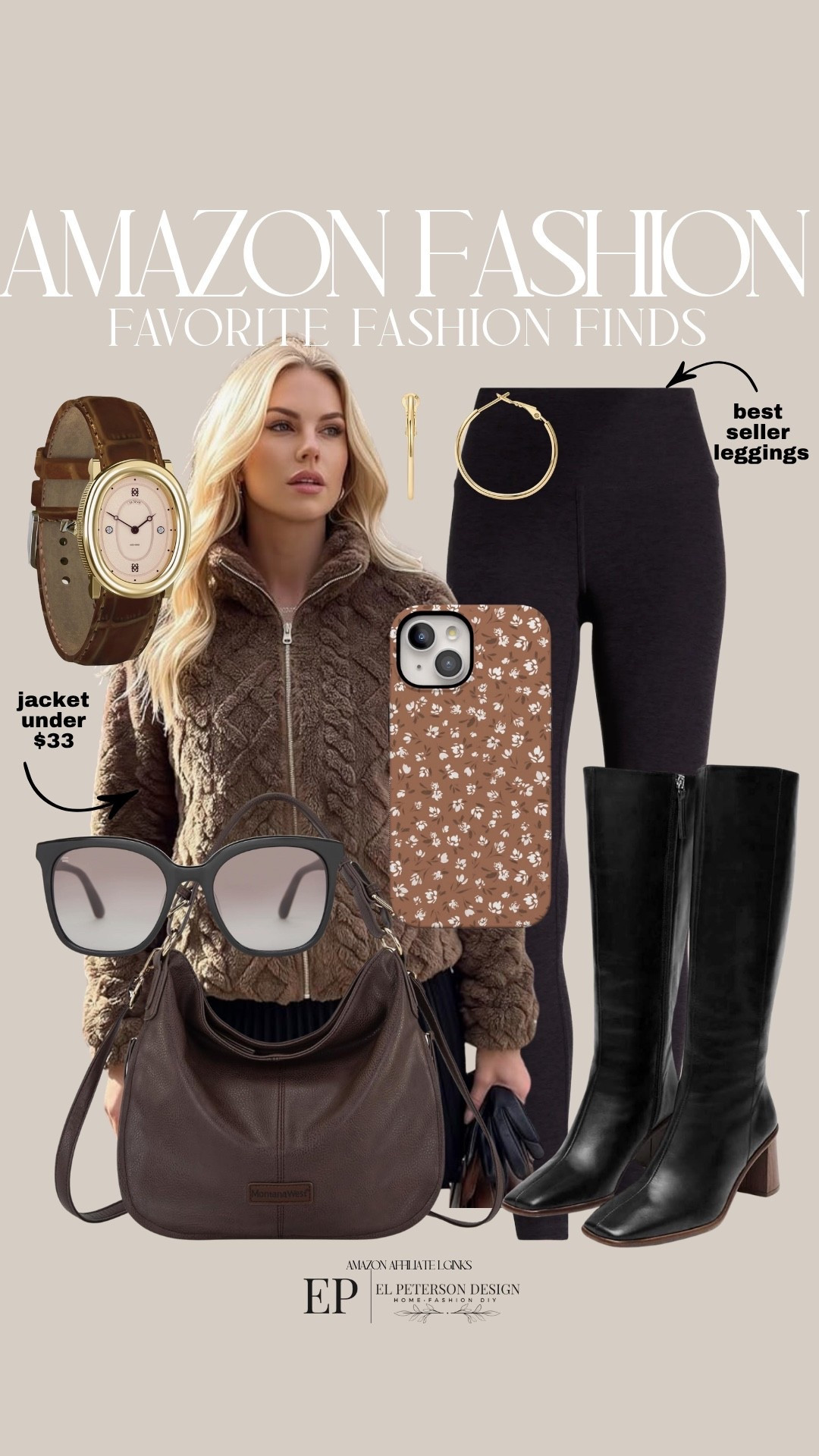 Amazon
Leggings
Knee high boots
Sunglasses
Watch
Purse
Earrings
Phone cover