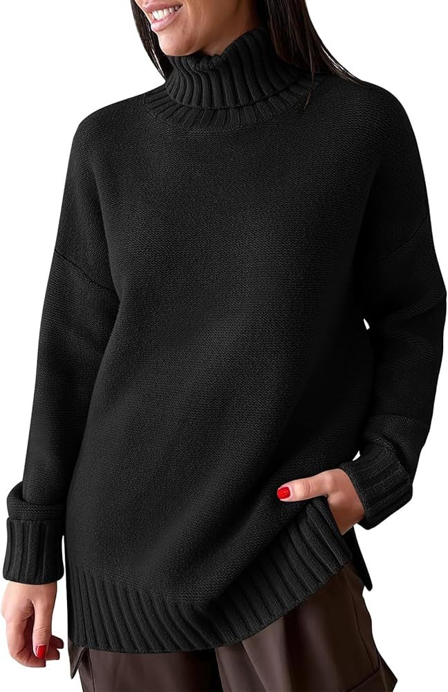 ANRABESS Womens Turtleneck Sweaters Oversized Long Sleeve Split Hem Fall Chunky Knit Casual Pullo... | Amazon (US)