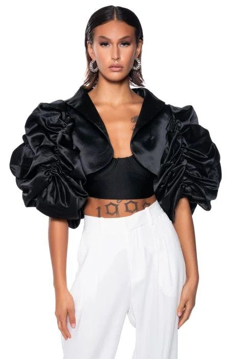 HOLIDAY PARTY SCRUNCHED SLEEVE BOLERO | AKIRA