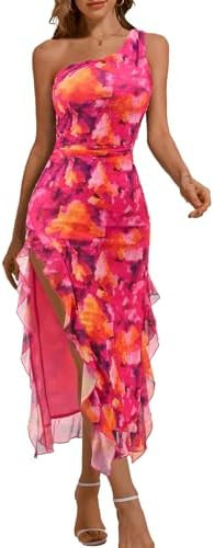 DRESSTELLS Women Formal Wedding Guest Long Cocktail Party One Shoulder Mesh Ruched Bodycon Maxi R... | Amazon (US)