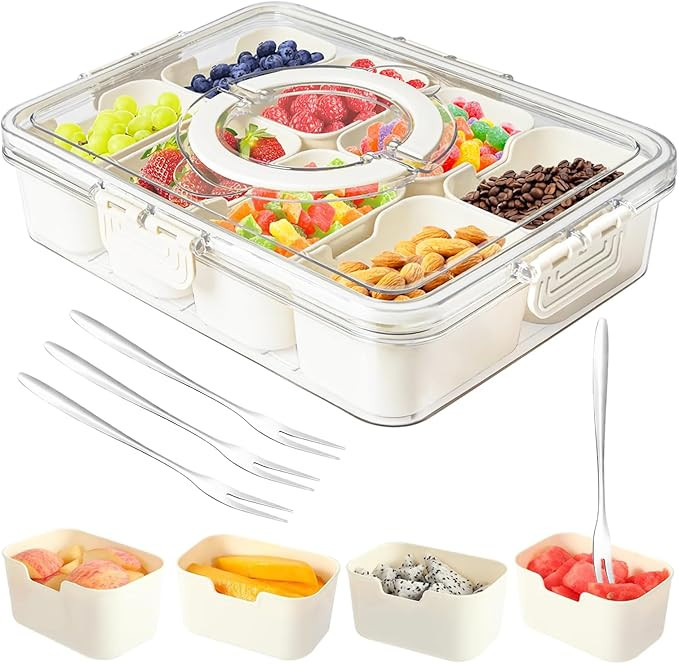 Snackle Box Container,Portable Snack Box 8 Compartment Divided Serving Tray with Lid and Handle,C... | Amazon (US)