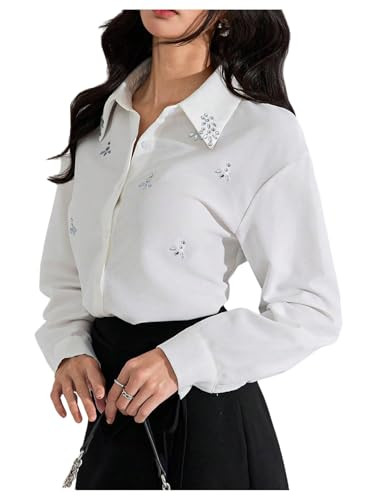SweatyRocks Women's Long Sleeve Button Down Shirts Blouses Rhinestone Business Work Tops | Amazon (US)