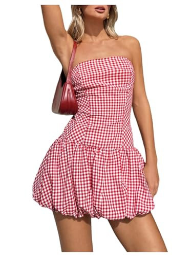 SweatyRocks Women's Plaid Strapless Bubble Dress Sleeveless Ruffle Mini Tube Dresses Red Large | Amazon (US)