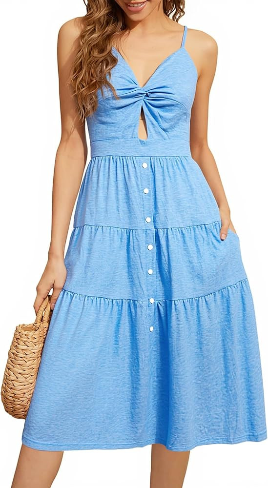 Angashion Women's Dresses-Summer Floral Bohemian Spaghetti Strap Button Down Swing Midi Dress | Amazon (US)