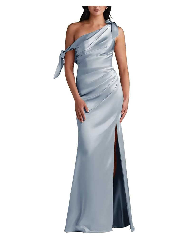 Smileven Satin One Shoulder Bridesmaid Dresses for Women 2024 Bows Formal Evening Gowns with Slit | Amazon (US)
