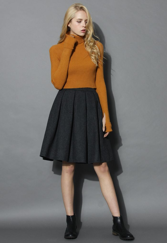 Wool-blend Pleated Twill Skirt | Chicwish