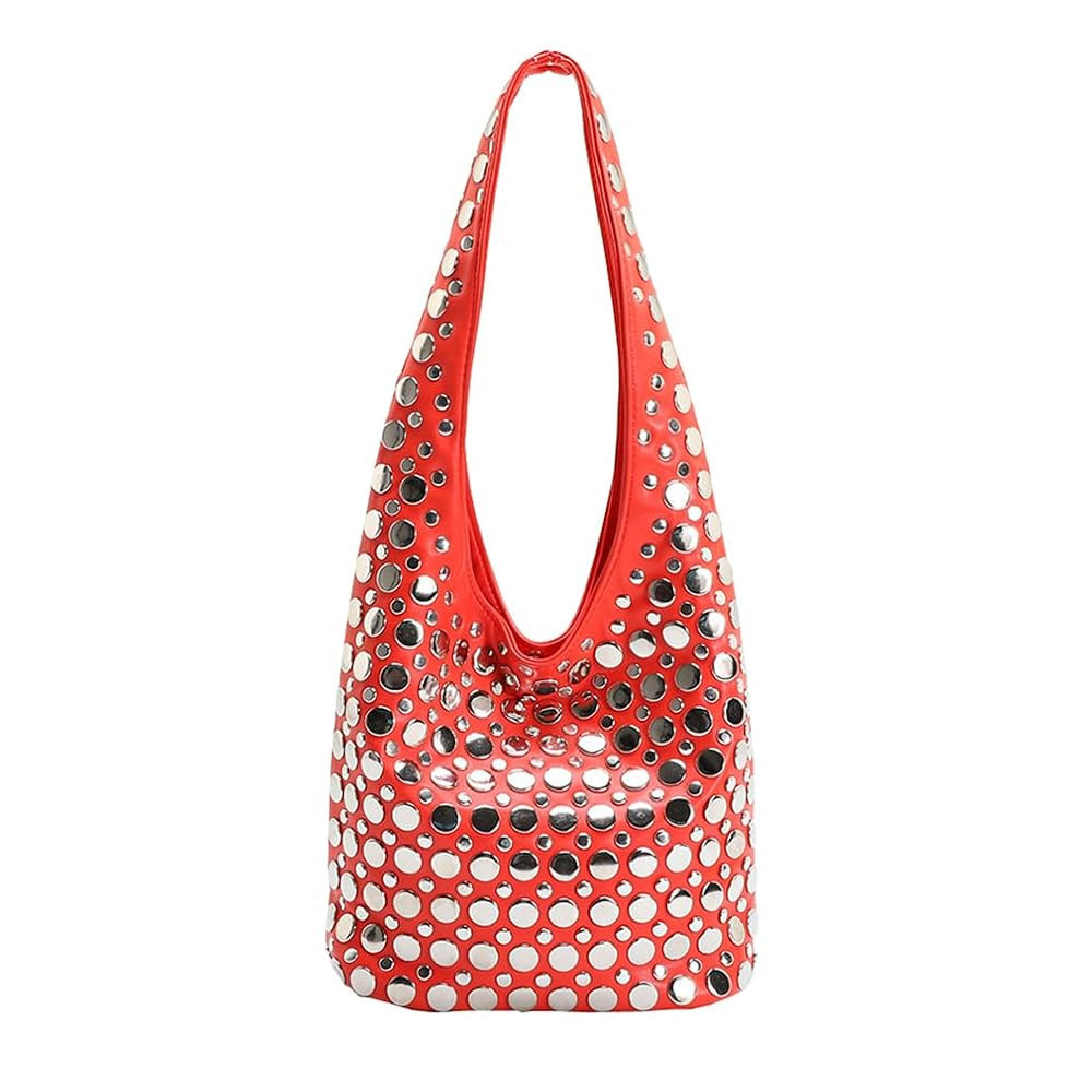 Stylish Studded Hobo Bag Y2K Rivets Bucket Purse for Women Trendy Small Shoulder Tote Handbag | Amazon (US)