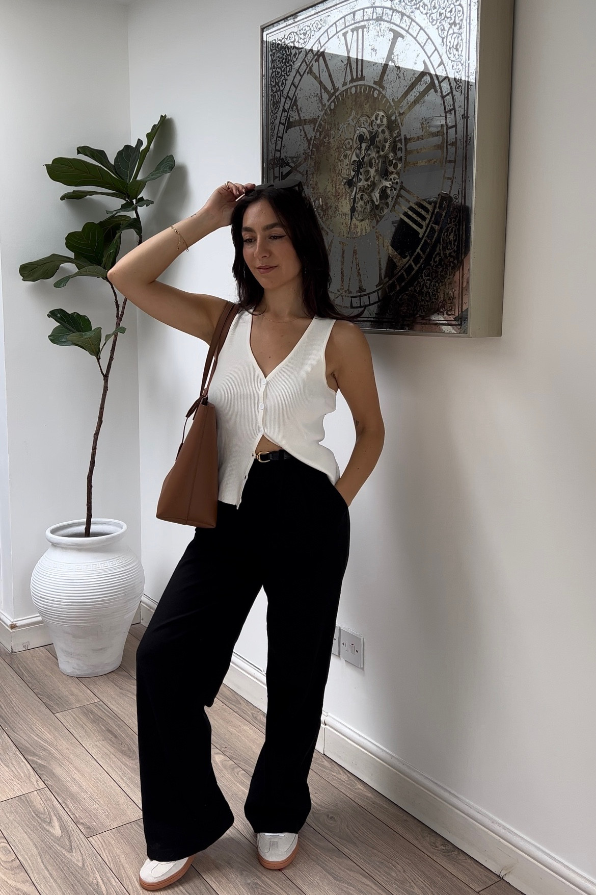 Knitted waistcoat, waistcoat, knitted top, linen trousers, wide leg pants, brown bag, brown tote bag, tan tote bag, saint laurent bag, adidas spezial trainers, sneakers, summer outfit, transitional outfit, neutral outfit, work outfit

#LTKeurope #LTKSeasonal #LTKworkwear