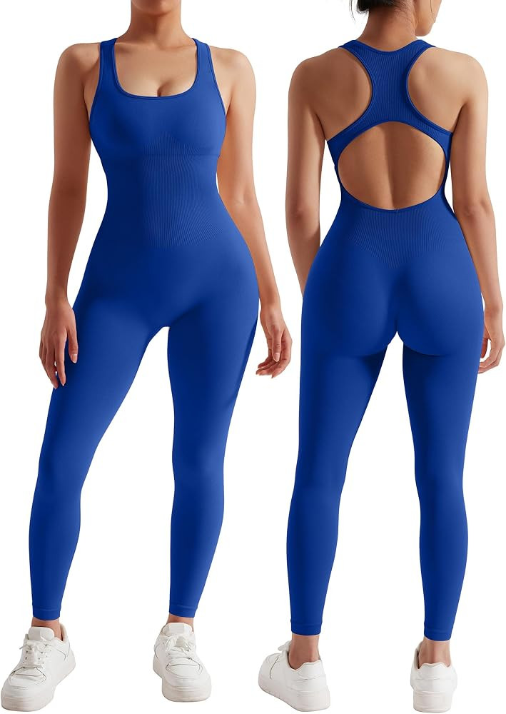 RXRXCOCO Women Backless One Piece Jumpsuits Sleeveless Scoop Neck Bodycon Romper Seamless Workout... | Amazon (US)