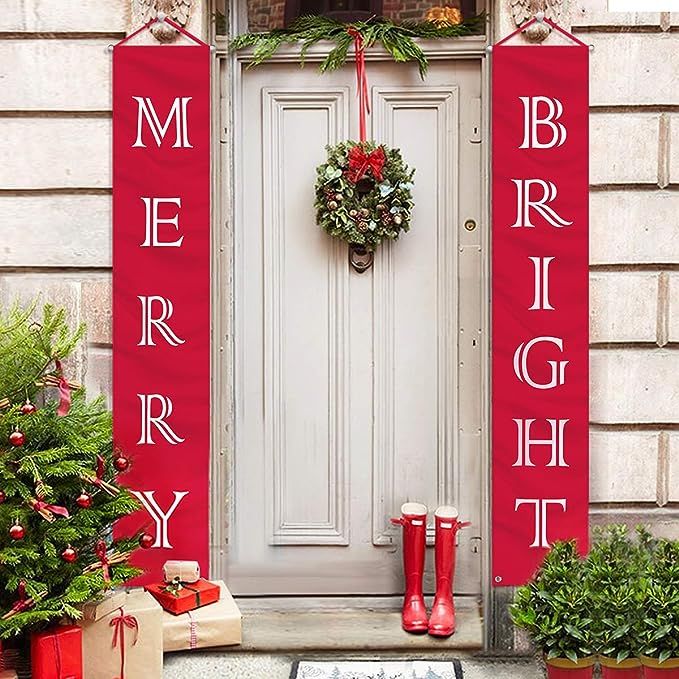 Christmas Decorations Outdoor Indoor - Merry Bright Porch Sign - Red Xmas Decor Banners for Home ... | Amazon (US)