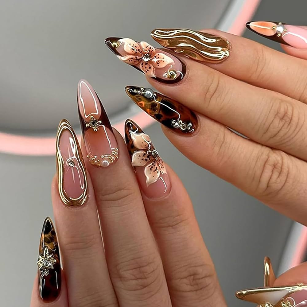 3D Brown Flower Press on Nails Long Almond, Mirror Metallic Gold Leopard Design Pearl Rhinestone ... | Amazon (US)