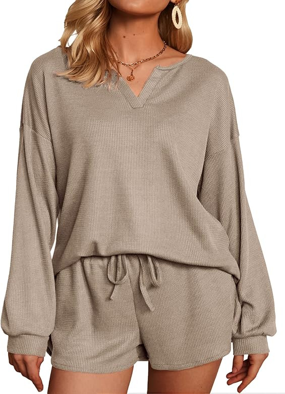 Ekouaer Pajamas Womens Waffle Knit Lounge Set Long Sleeve Top and Shorts 2 Piece Loungewear Outfi... | Amazon (US)