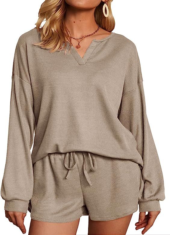 Ekouaer Pajamas Womens Waffle Knit Lounge Set Long Sleeve Top and Shorts 2 Piece Loungewear Outfi... | Amazon (US)