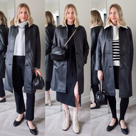 Leather car coat worn 3 ways - Parisian inspired outfits fr stirrup leggings, stripes, ballet pumps and layers; all of my autumn wardrobe essentials from M&S #marksandspencer #leather #leathercoat #parisianstyle 

#LTKSeasonal #LTKshoecrush #LTKunder100