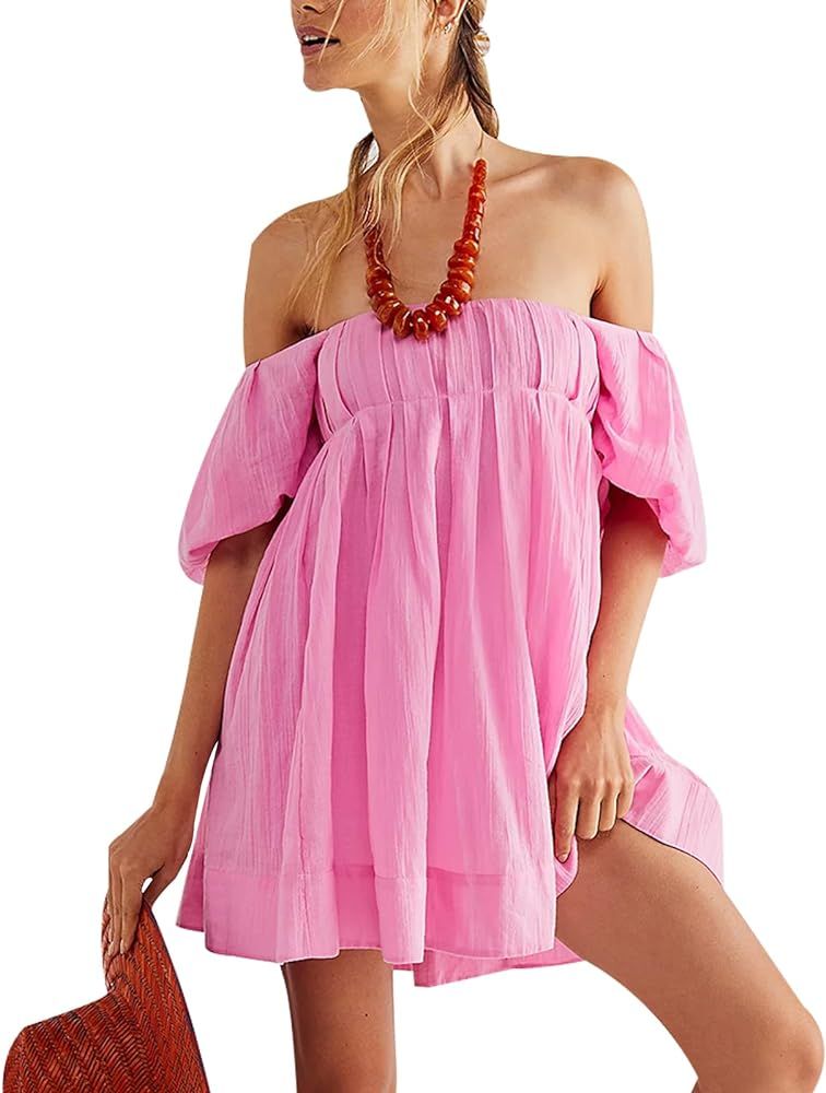 HeSaYep Women's Sexy Summer Dresses Casual Square Neck Mini Dress Short Sleeve Puffy Dress Tie Ba... | Amazon (US)