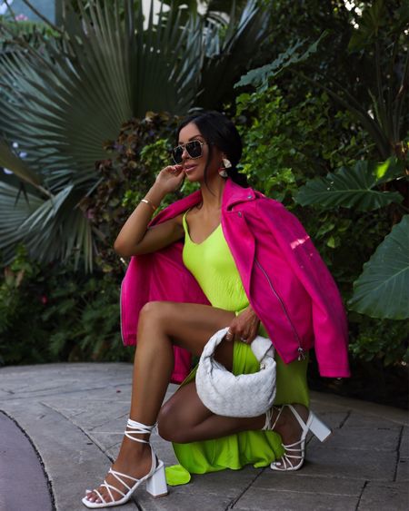 Affordable vacation outfit ideas 
Walmart SCOOP pink moto jacket wearing an XS
Walmart SCOOP lime green satin dress wearing an XS
Walmart SCOOP white lace up heels run TTS



#LTKunder100 #LTKtravel #LTKstyletip
