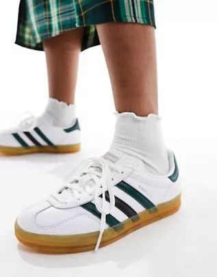 adidas Originals Gazelle Indoor gum sole sneakers in white and green | ASOS (Global)