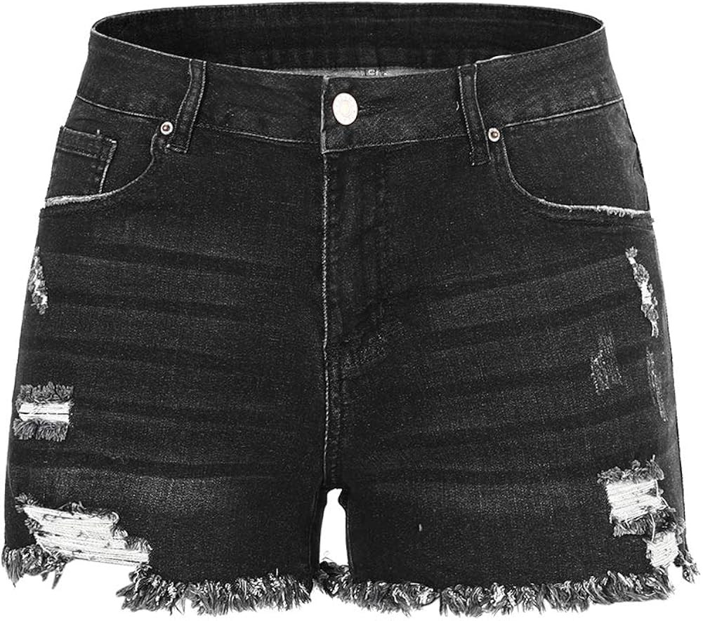 THUNDER STAR Women Mid Rise Ripped Stretchy Jeans Shorts Frayed Raw Hem Casual Denim Shorts | Amazon (US)