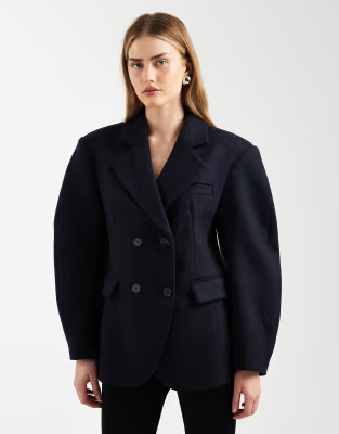 ASOS DESIGN tailored wool rich cocoon sleeve cinched waist blazer in navy | ASOS (Global)