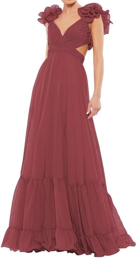JNXIANGW Chiffon Ruffle Prom Dresses for Women V-Neck Bridesmaid Dresses Backless Long Formal Eve... | Amazon (US)