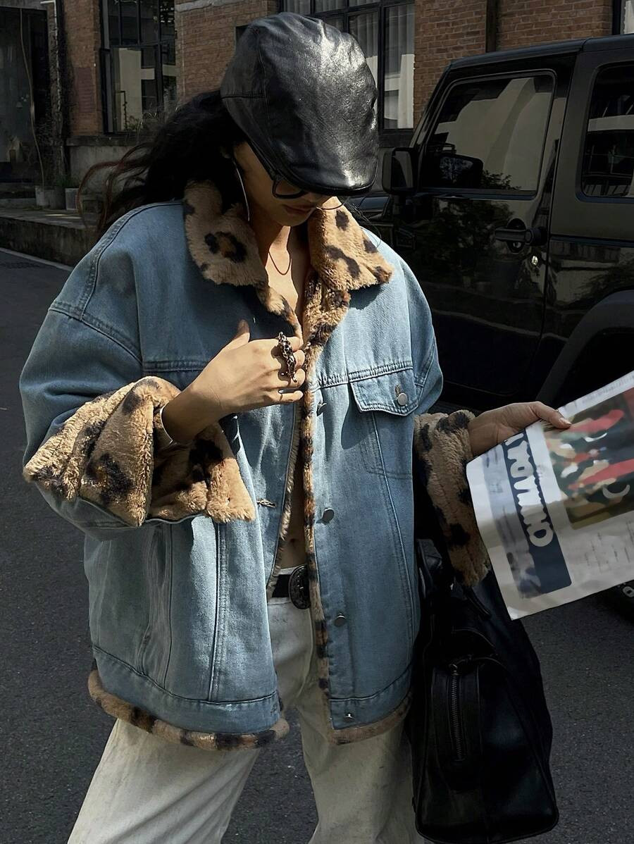 DAZY Women's Reversible Denim & Leopard Print Patchwork Fleece Lined Denim Jacket | SHEIN