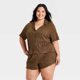 Women's Pointelle Notch Collar Shirt and Shorts Pajama Set - Wild Fable\u2122 Brown Leopard Spot ... | Target