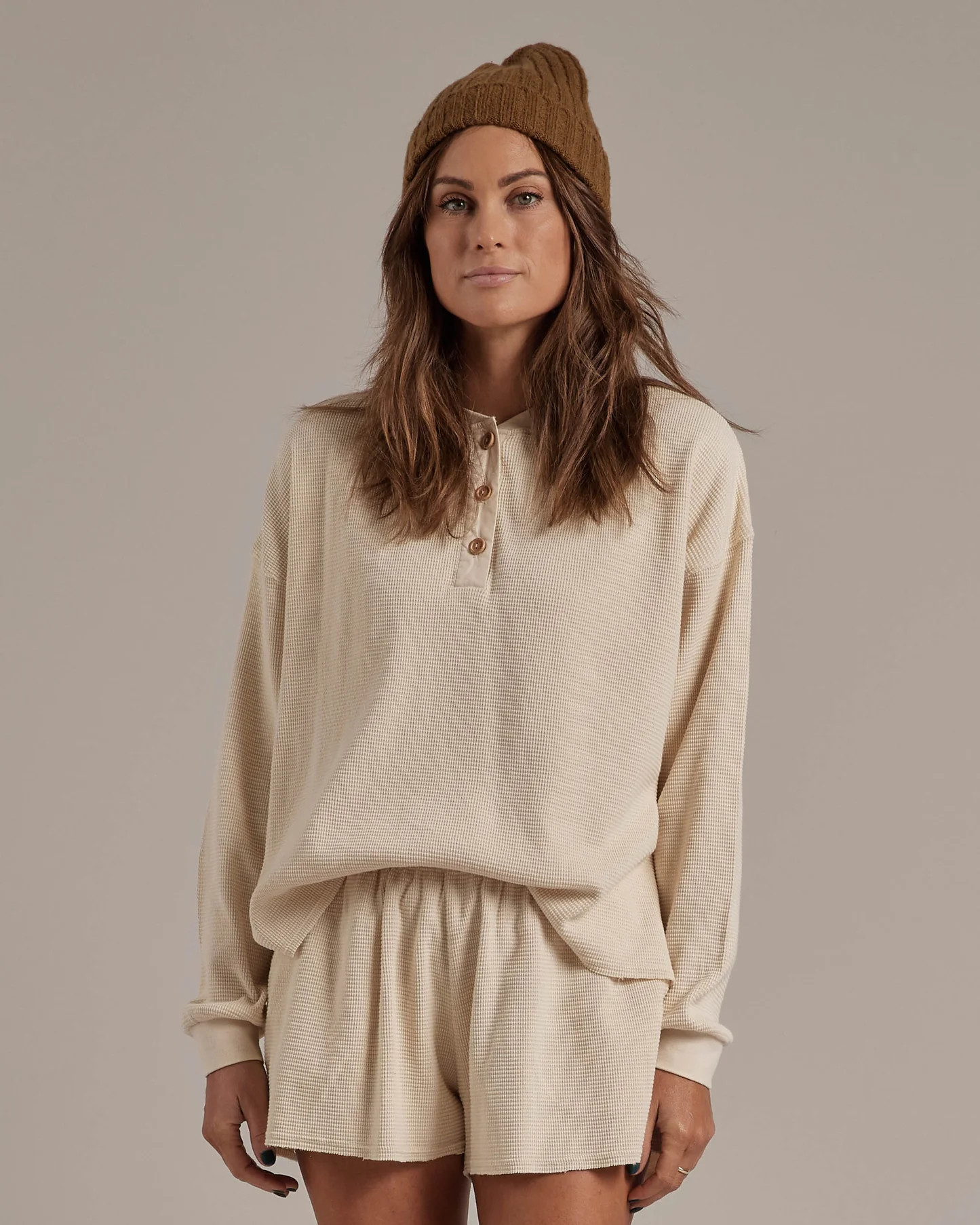 waffle knit long sleeve henley | natural | Rylee + Cru