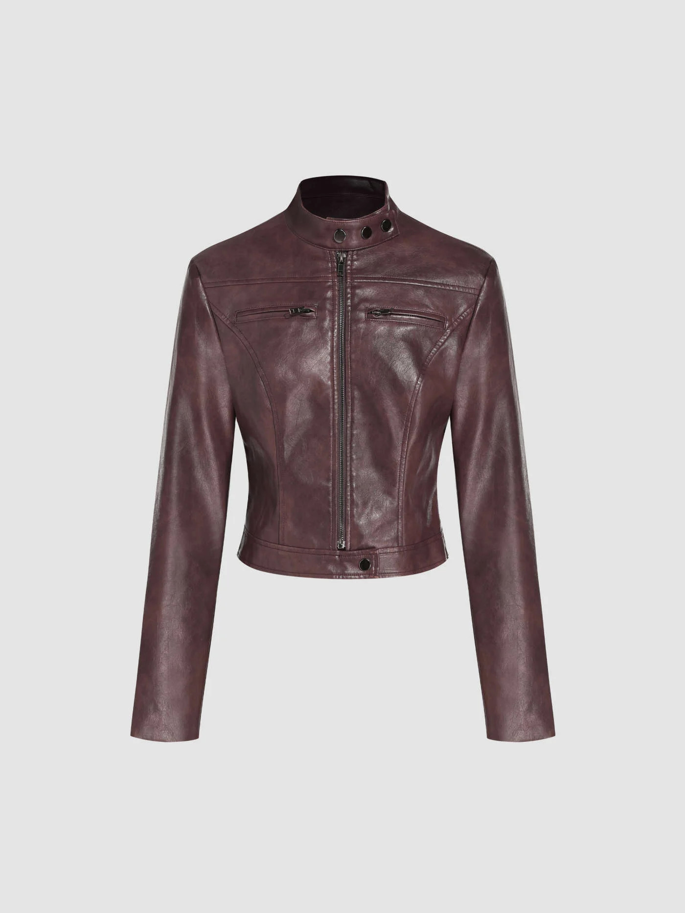 Western Outfits Faux Leather Stand Collar Zipper Biker Jacket For Daily Casual Outdoor | Cider