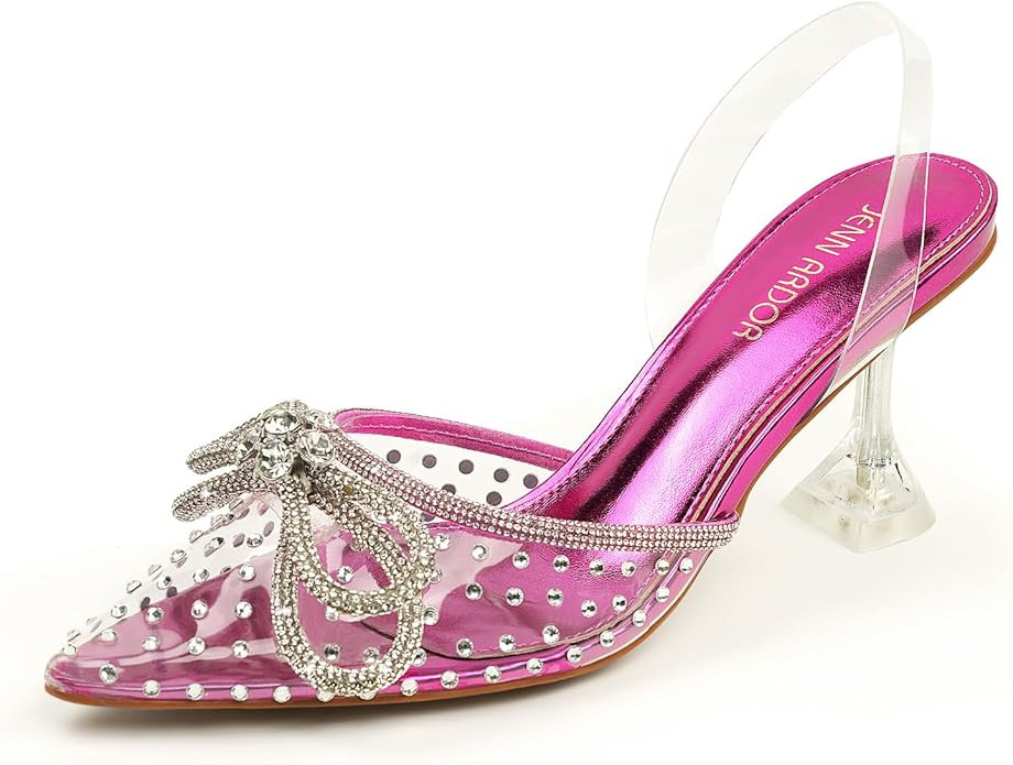 JENN ARDOR Women's Clear Heels Pointed Toe Kitten Heel Bow Pumps Rhinestone Strap Slingback Weddi... | Amazon (US)