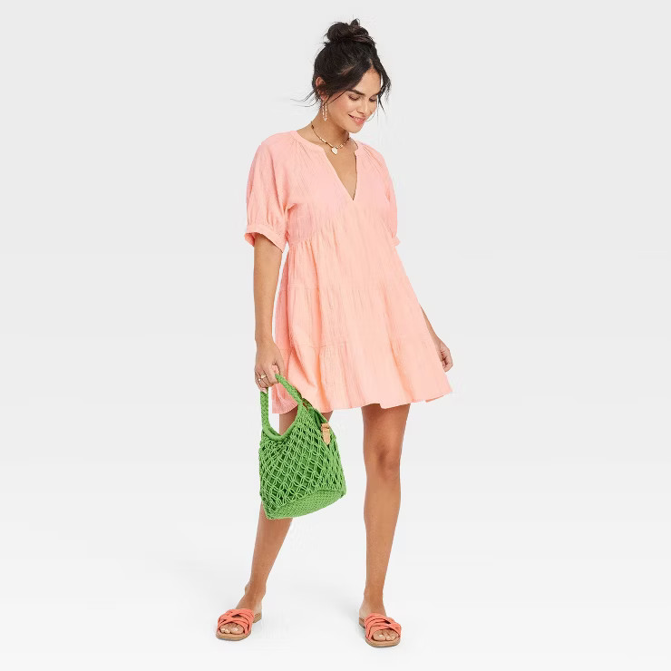 Women's Puff Elbow Sleeve Crinkle Tiered Dress - Universal Thread™ | Target