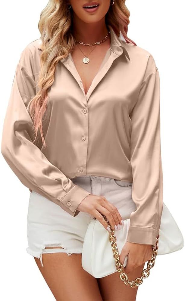 Damipow Satin Silk Button Down Shirts for Women Dress Shirts Long Sleeve Blouses Womens Shirts | Amazon (US)