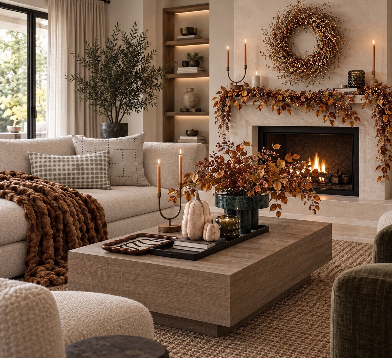 Modern fall decor. Eucalyptus faux stems. Black terracotta table vase. Carved mango wood pumpkins figurines. Aluminum decorative metal tray. Faux fur weighted throw blanket. Rubberwood wavy wood picture frame. Faux fall garland. Genuine marble decorative bowl. Iron candlestick holder. Fall wreath. Spiked pear glass candles

#LTKSeasonal #LTKHome #LTKSaleAlert