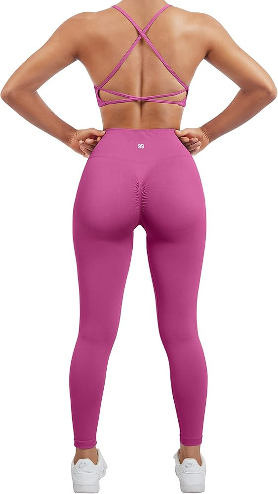SUUKSESS Women Seamless Workout Sets Strappy Sports Bra High Waist Booty Leggings Outfits | Amazon (US)