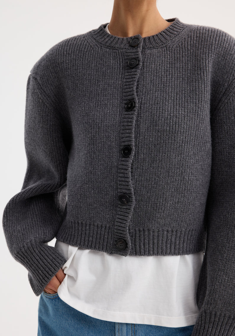 statement shoulder cardigan | mid grey melange | Rohe