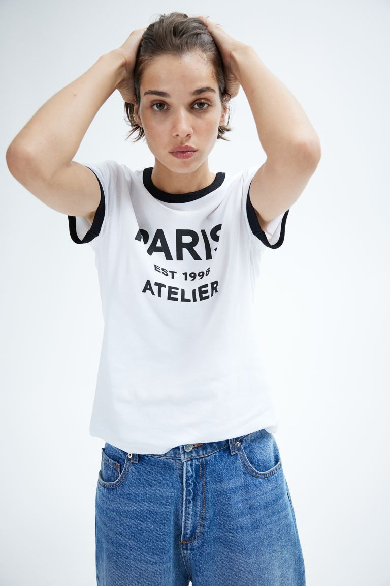 Fitted T-shirt - Round Neck - Short sleeve - White/Paris Atelier - Ladies | H&M US | H&M (US + CA)